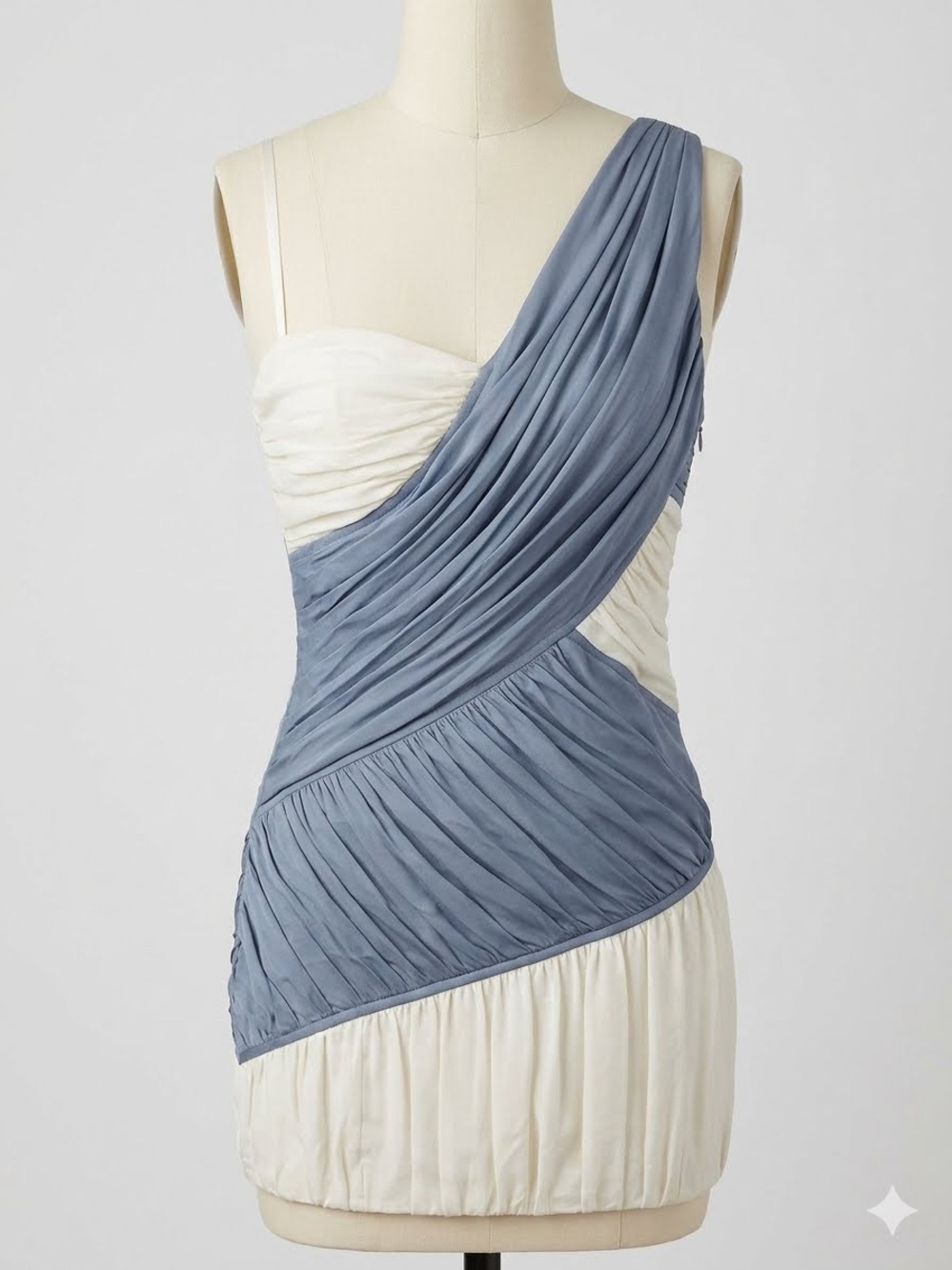 Abaeté Blue Ivory Silk Draped Asymmetrical One Shoulder Dress Size 12 Designer